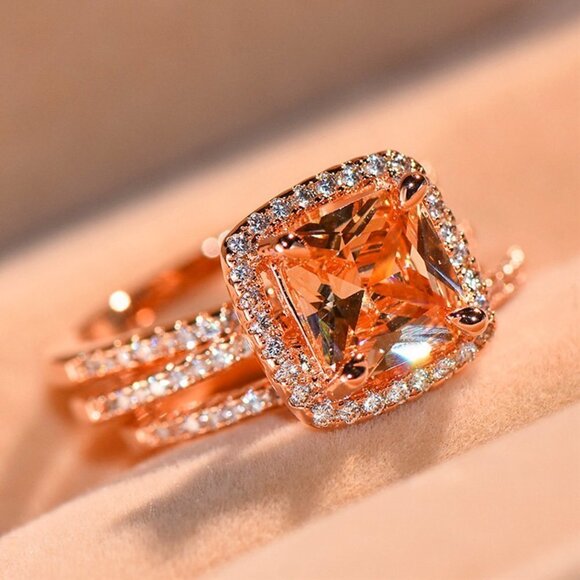 3pcs A Set Rose Gold Luxury CZ Champagne Stone Wedding Ring for Women,… - Picture 5 of 6
